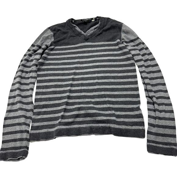 Y2K GUESS Sweater Women Size M Gray Striped Cotton Preppy V Neck Long Sleeve - Picture 1 of 8
